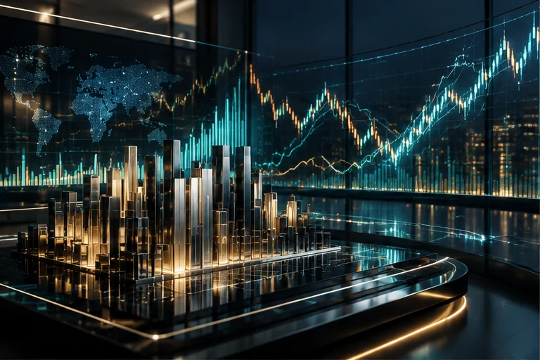 Illustration: luminous financial analytics, data visualization and market signals